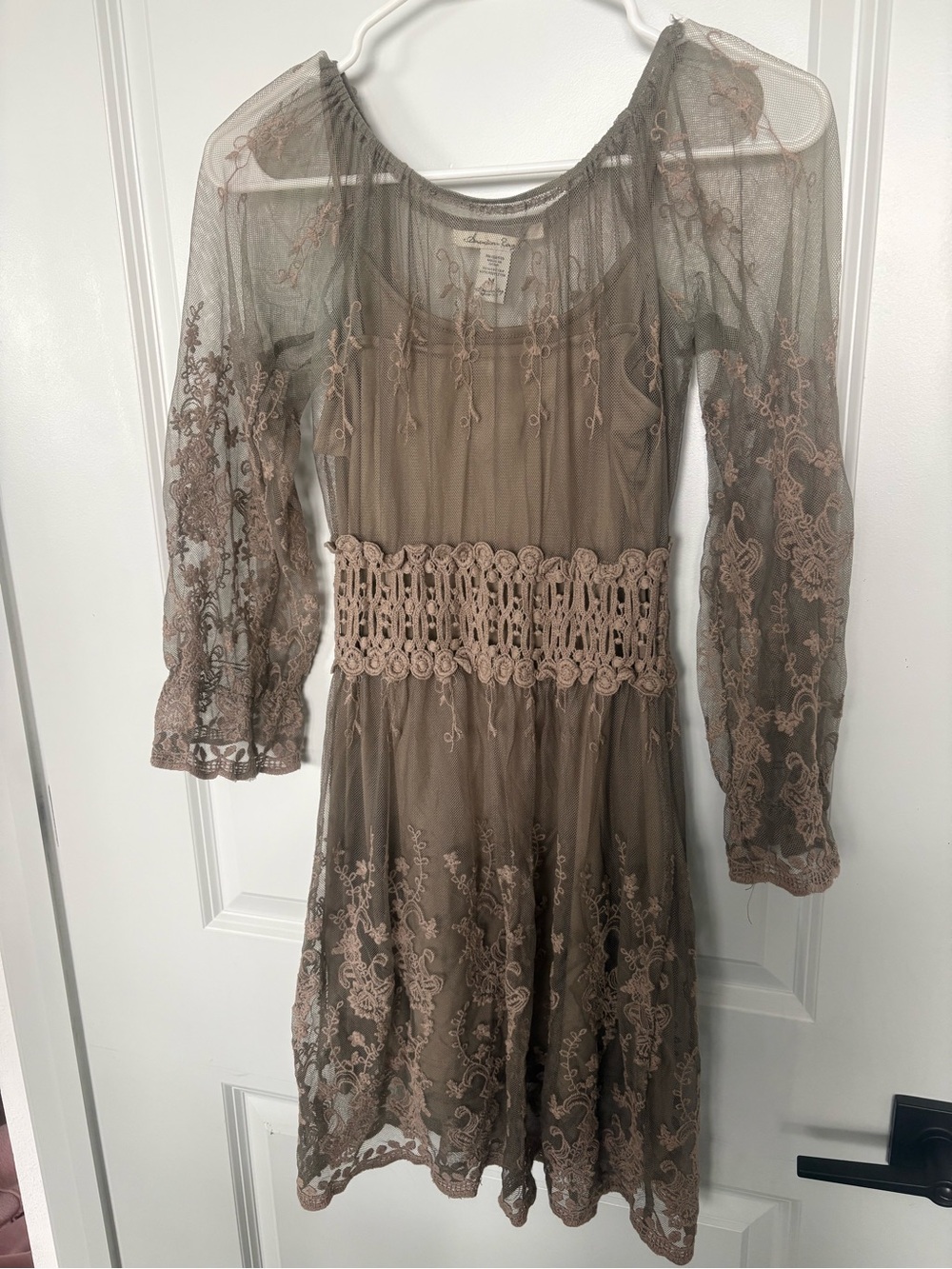 American Rag Taupe Lace-Overlay Long Sleeve Dress